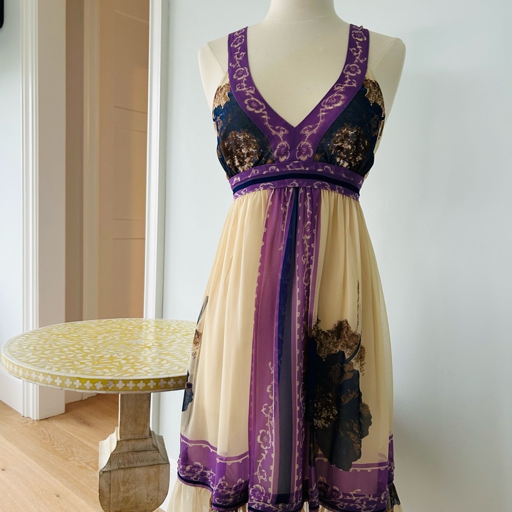 Anthropologie Floating Lotus Silk  Purple and Cream Dress